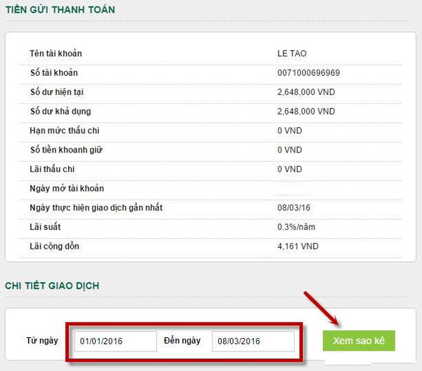 Hướng dẫn sao kê tài khoản VCB - iBanking trên website