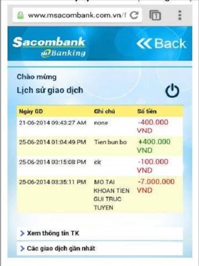 Tra cứu xem lịch sử giao dịch Sacombank