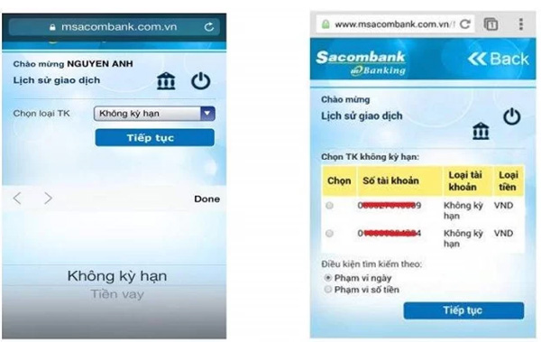 Tra cứu xem lịch sử giao dịch Sacombank
