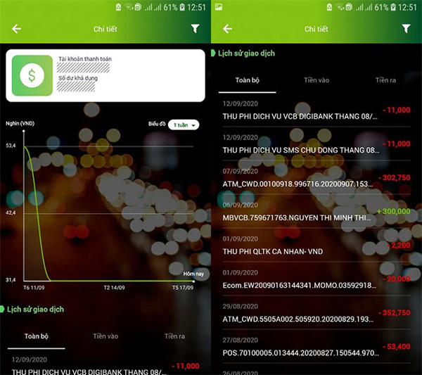 Xem lịch sử giao dịch Vietcombank trên Mobile