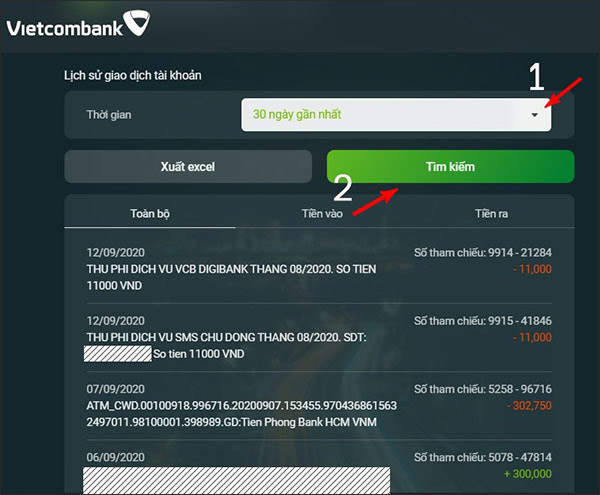Xem lịch sử giao dịch Vietcombank trên PC