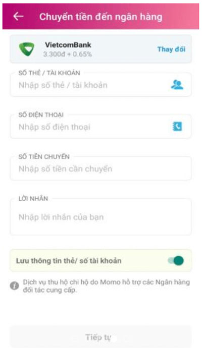Chuyển tiền ví điện tử Momo đến tài khoản ngân hàng