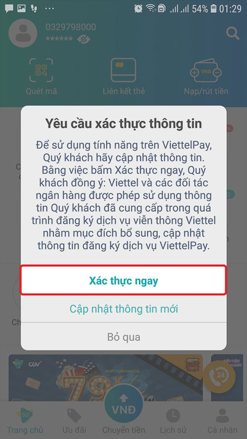 Định danh viettelpay thông qua app