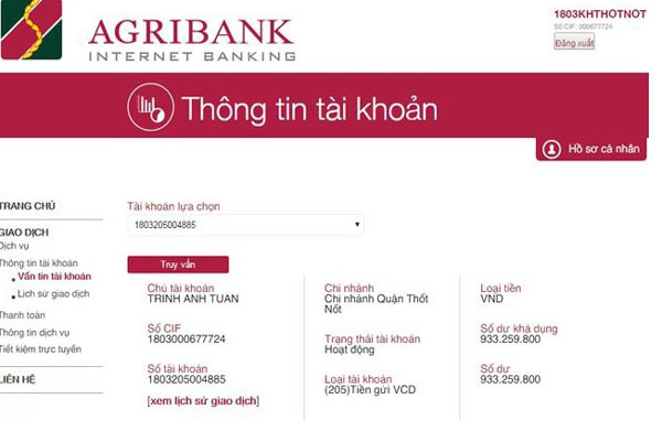 Truy vấn thông tin tài khoản Agribank thông qua Internet Banking