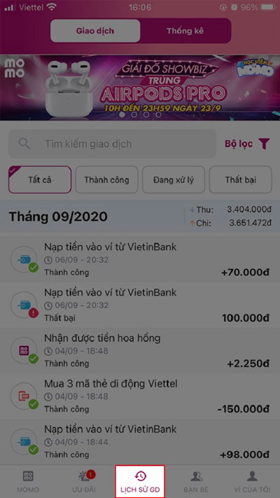 Hướng dẫn cách xem lịch sử giao dịch Momo